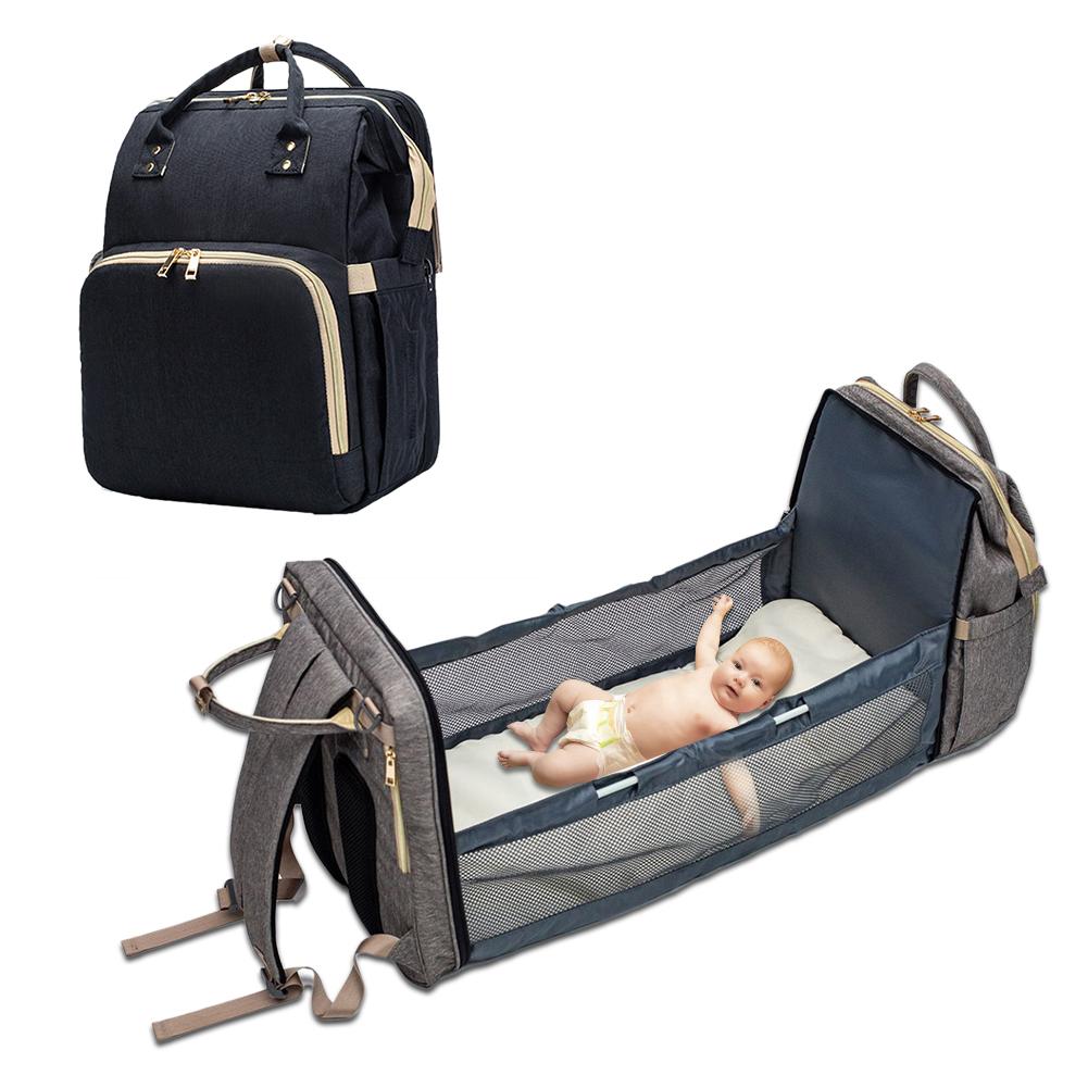 Baby Diaper Bag with USB & Sleeping Crib Black