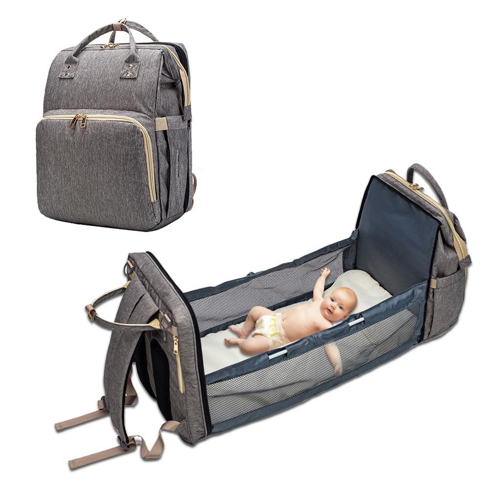 Baby Diaper Bag with USB & Sleeping Crib Gray