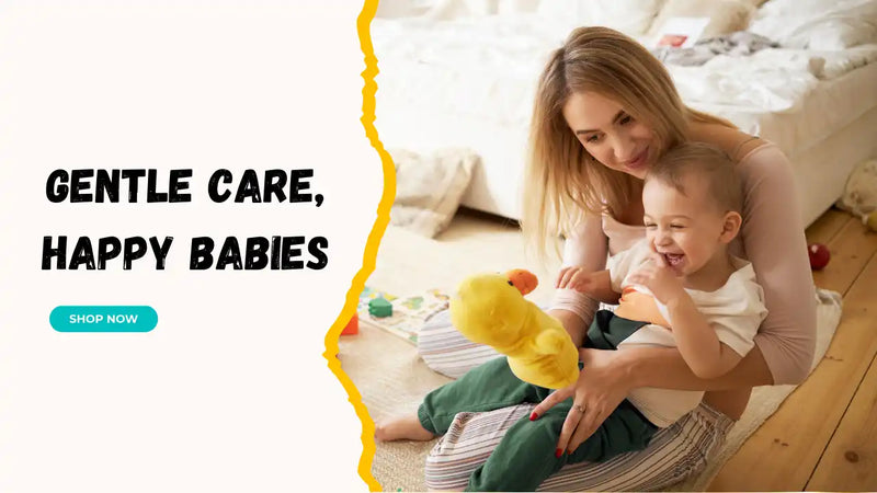 A cheerful mother holding a laughing baby, promoting gentle care for happy babies.