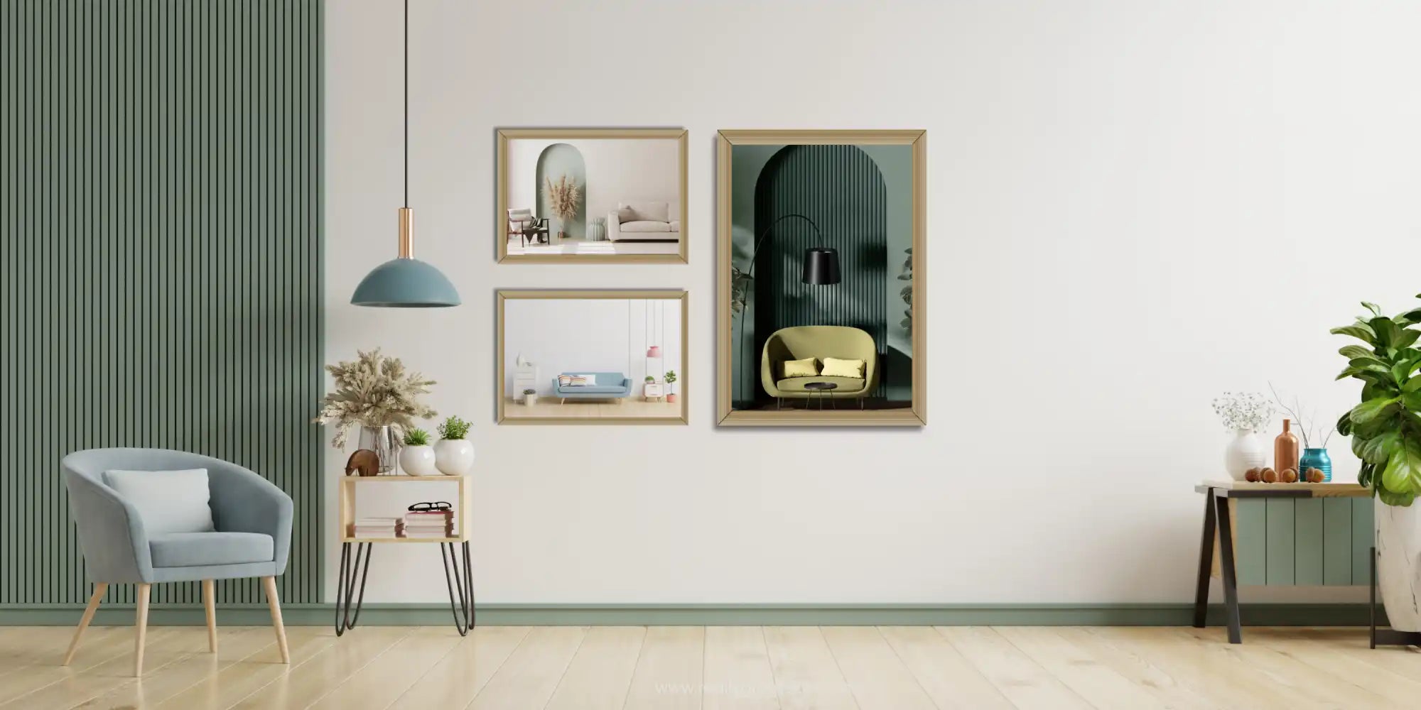 Modern living room with light green and white walls